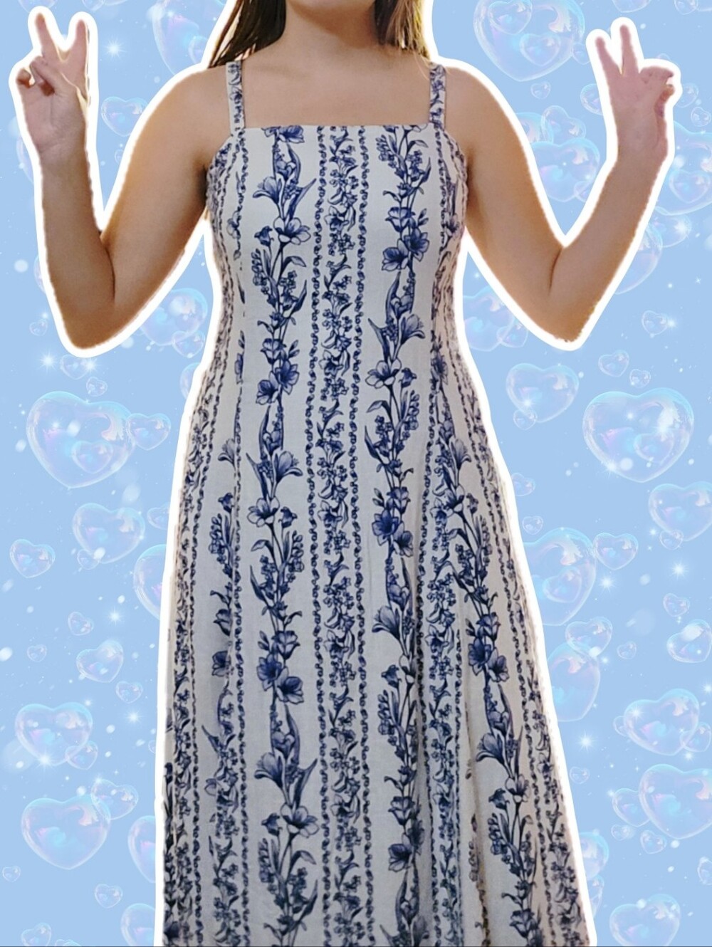 1.State Size S White Blue Floral Patterned Linen Maxi Dress